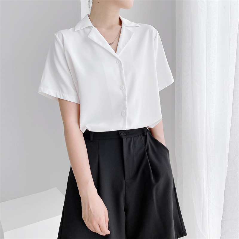 Áo sơ mi nữ tay ngắn form rộng Áo sơ mi nữ cổ vest vổ ve dáng rộng form Hàn Quốc không nhăn không xù lông VNN01