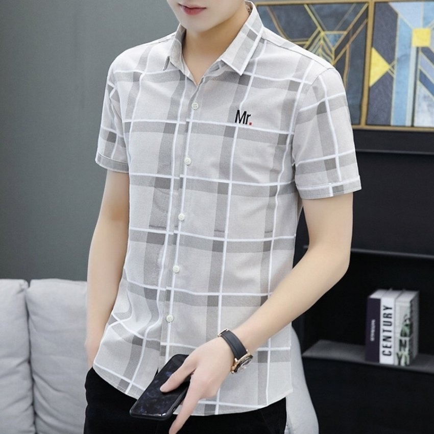 Áo sơ mi nam caro ngắn tay phối họa tiết chữ MR99T1 thời trang HÀN QUỐC cao cấp