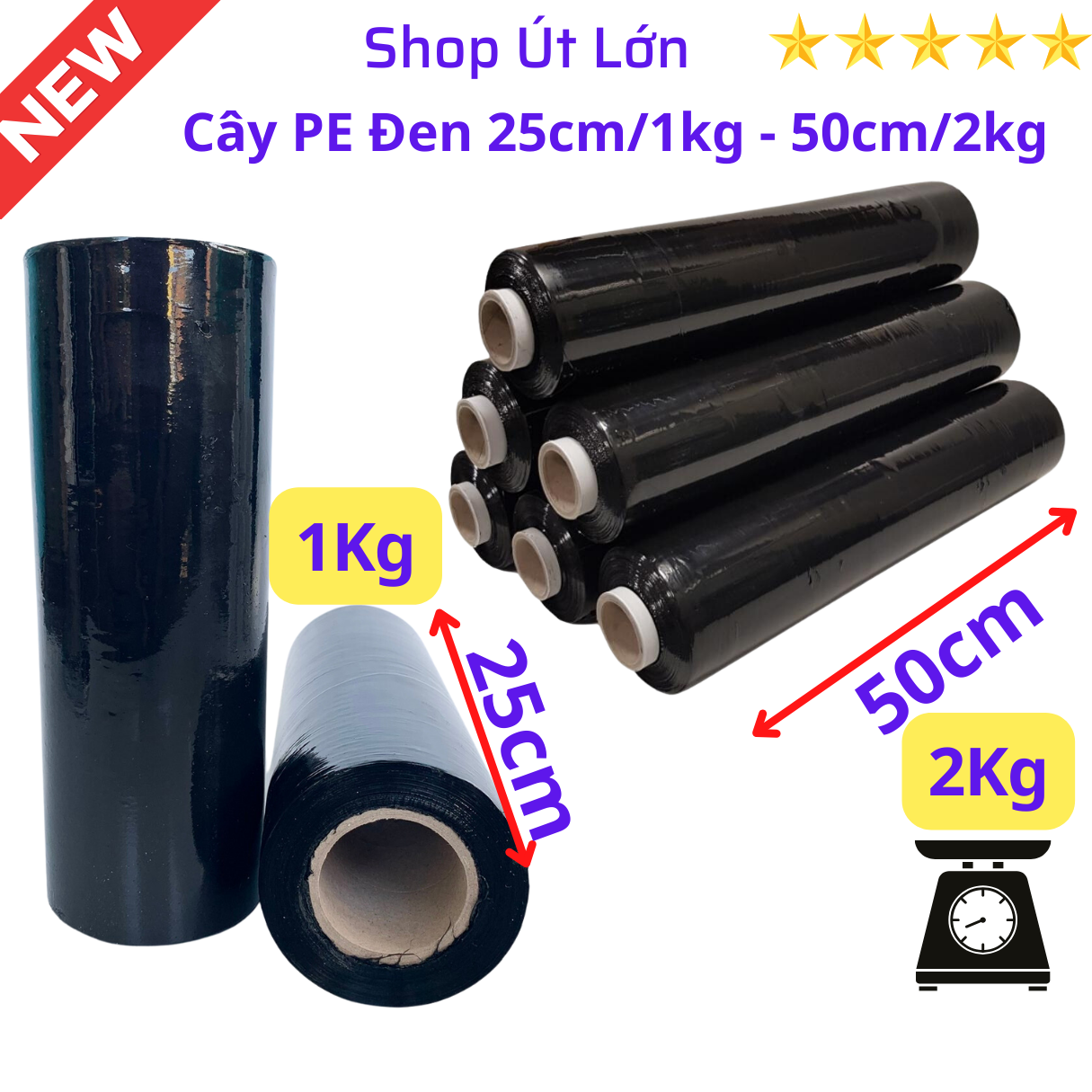 Cuộn màng pe đen 25cm/1kg - 50cm/2kg, lõi giấy 150gram, độ dầy màng 16 - 17 míc - út lớn