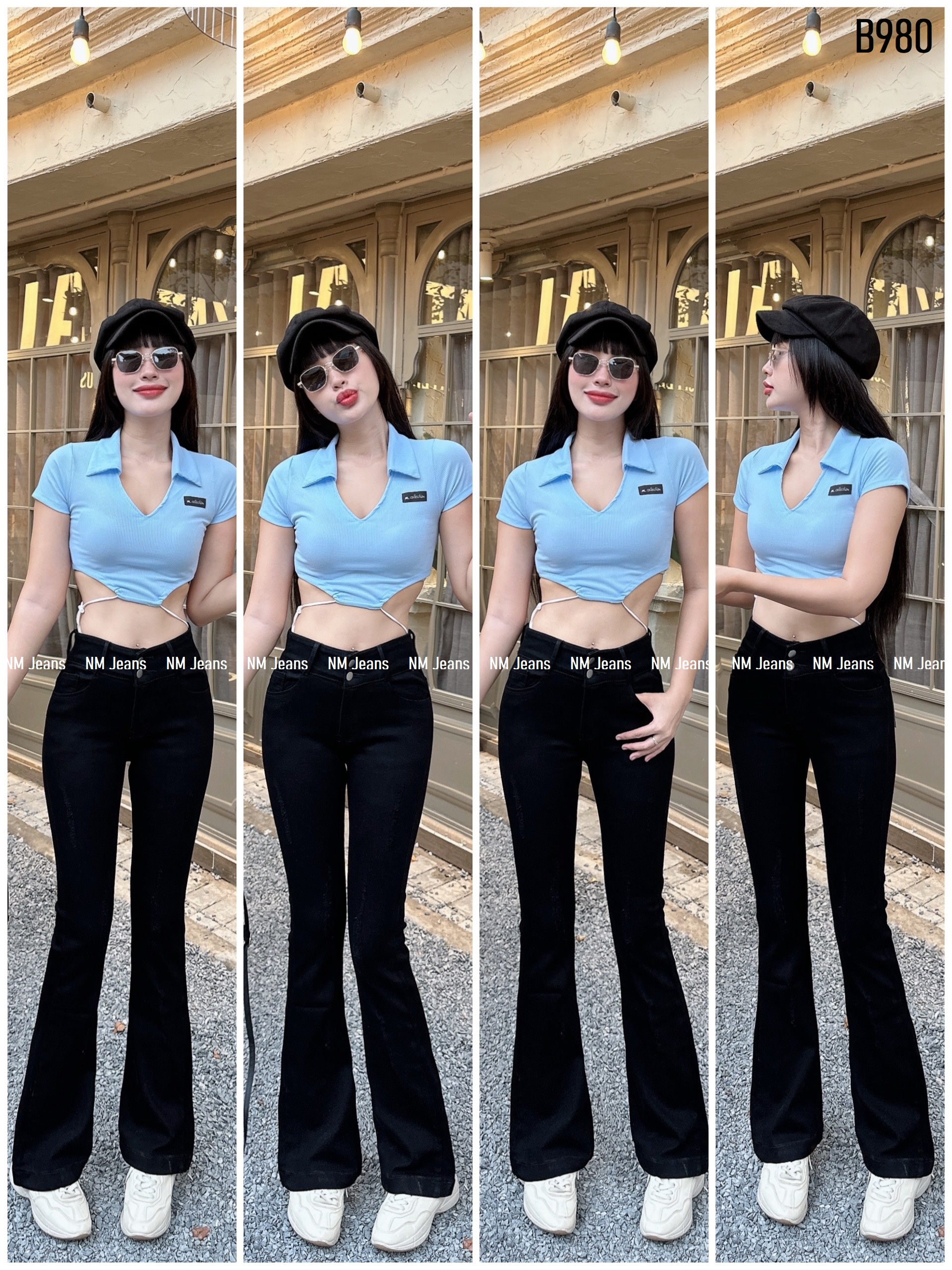 Quần jean nữ loe 2 nút trơn màu đen chất mềm co giãn B980