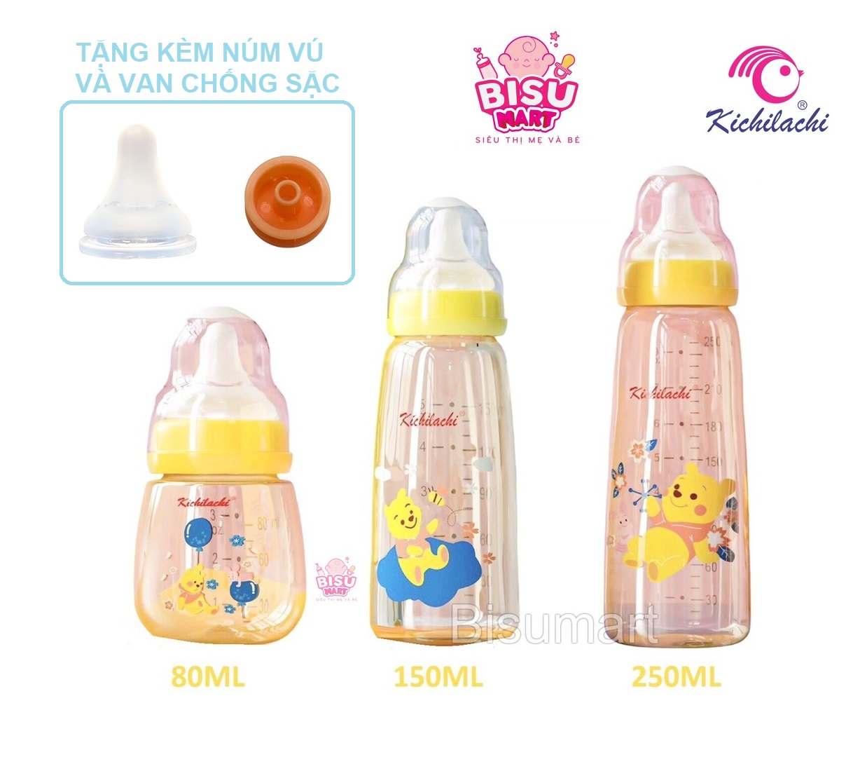 Bình sữa PPSU cổ hẹp cao cấp KICHI 80ml - 150ml - 250ML