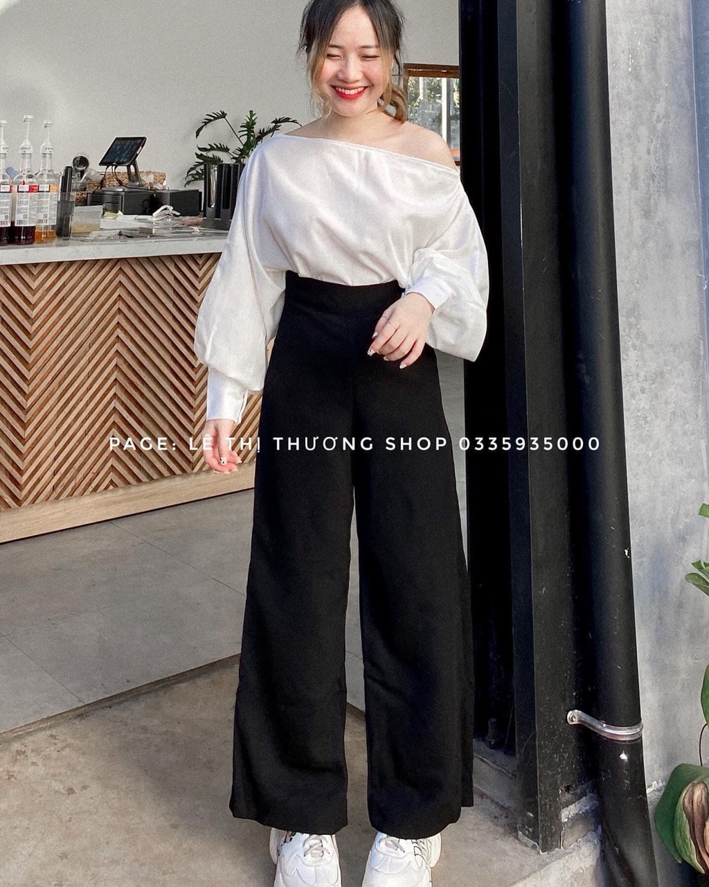 Set quần suông + áo lệch vai tay bồng