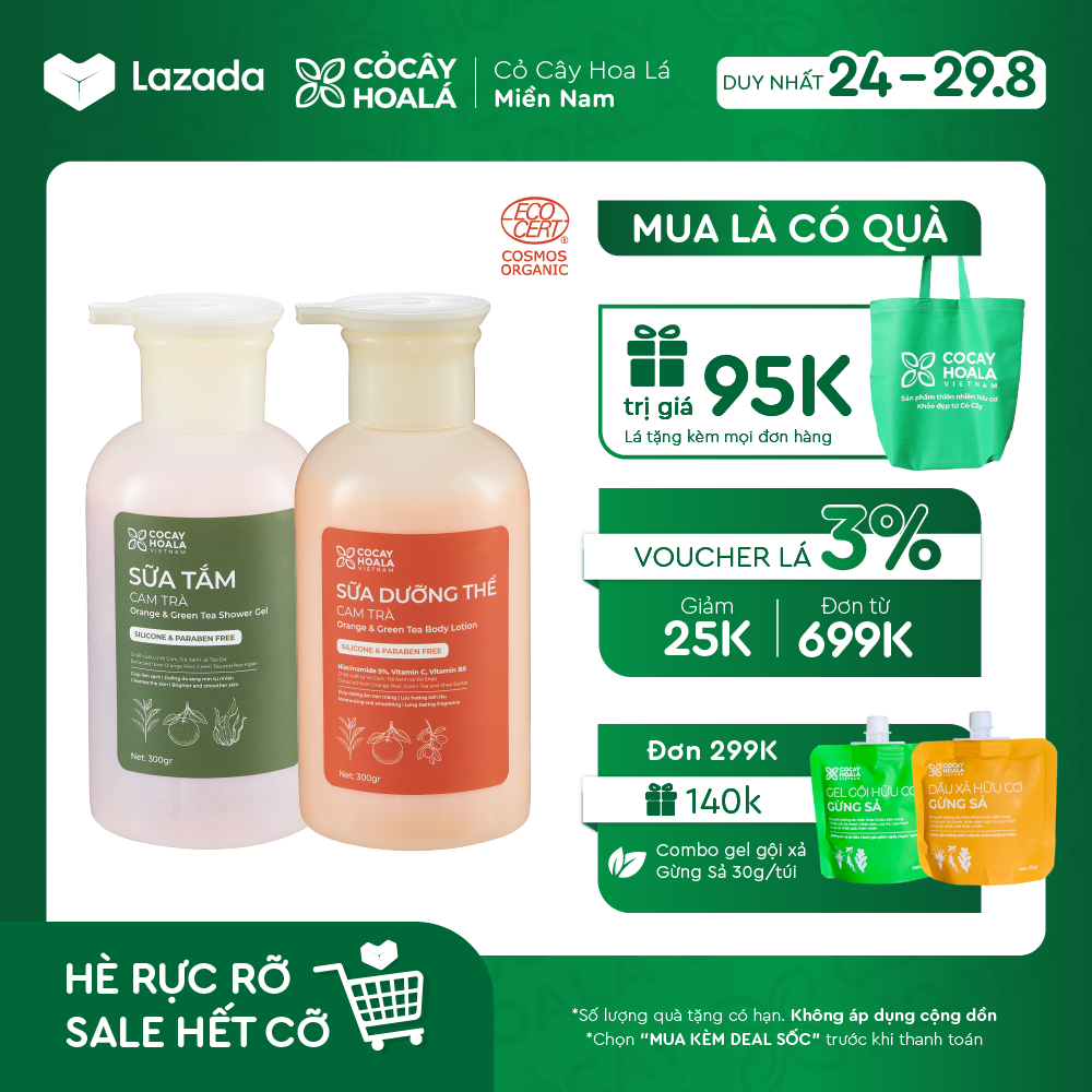 Combo sữa tắm trắng da, sữa dưỡng thể cam trà cỏ cây hoa lá - dưỡng da trắng sáng tự nhiên từ bột vỏ cam - 300g