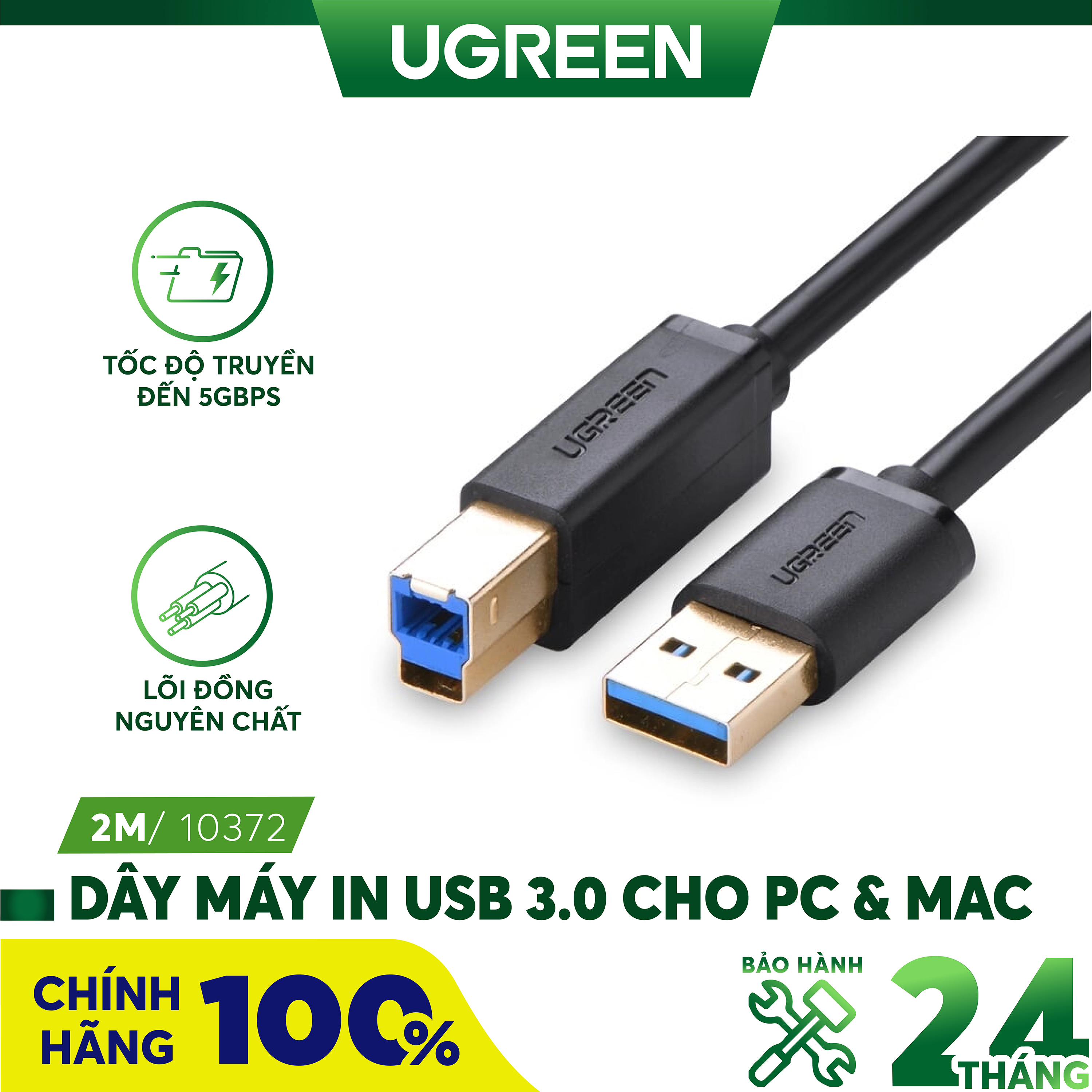 Cáp usb 3.0 am to bm dài 2m cho máy in cao cấp ugreen 10372 - hàng chính hãng