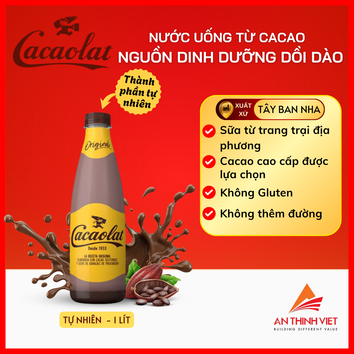 Chai 1LÍT - Sữa Cacao Uống Nguyên Chất Không Đường Không Gluten - CACAOLAT - Nhập Khẩu Tây Ban Nha