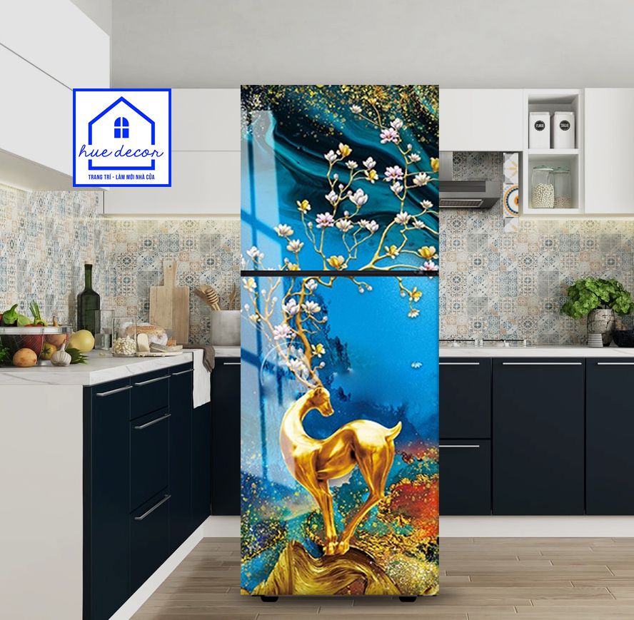 Giấy Decal chuyên dụng để trang trí tủ lạnh  hươu vàng phong thủy HUE DECOR - Chống nước, siêu bền, không bong tróc, dễ dàng tự dán tại nhà