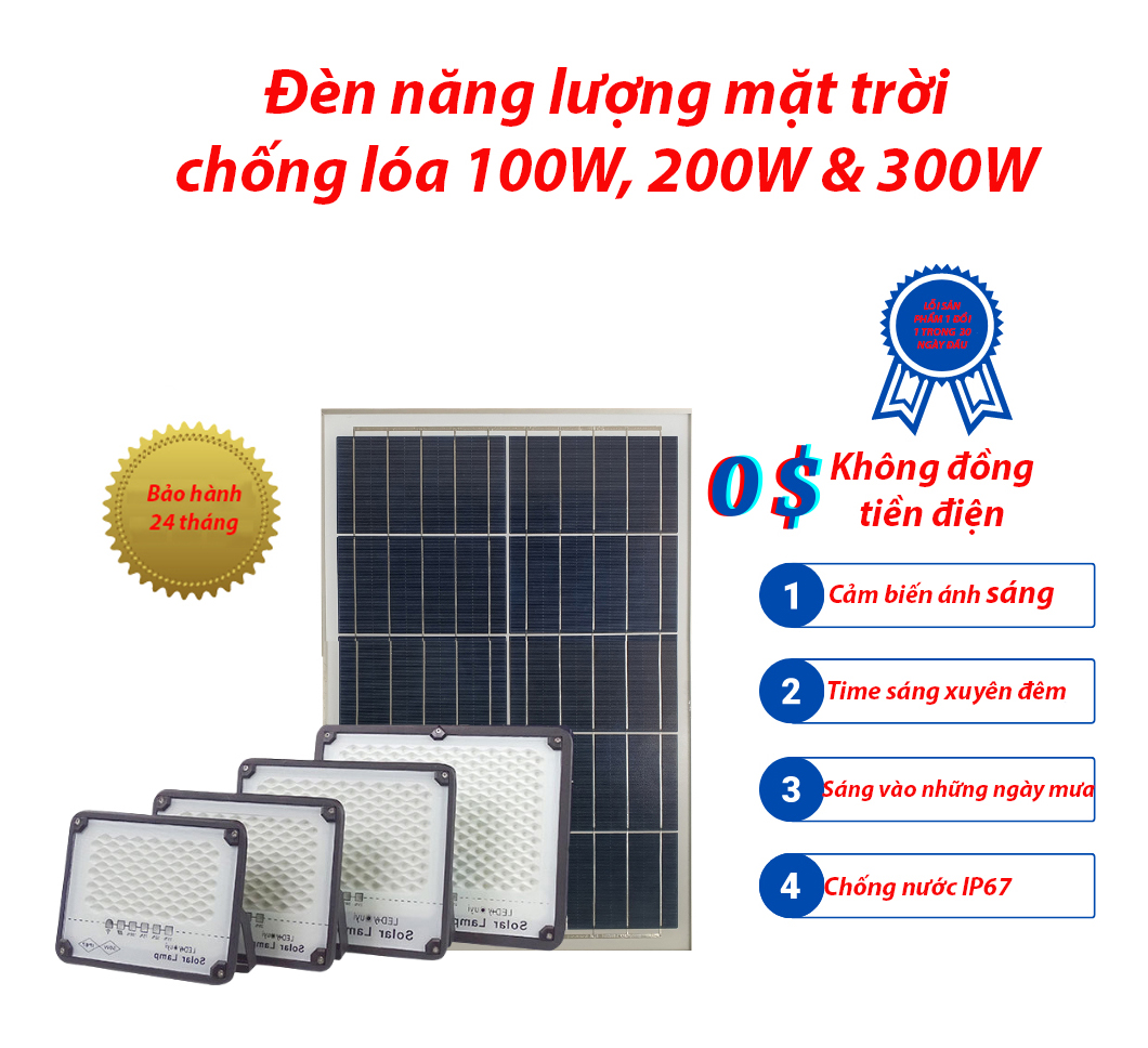Đèn năng lượng mặt trời chống lóa, 300w, 200w, 100w, 50w, 30w, vỏ nhôm