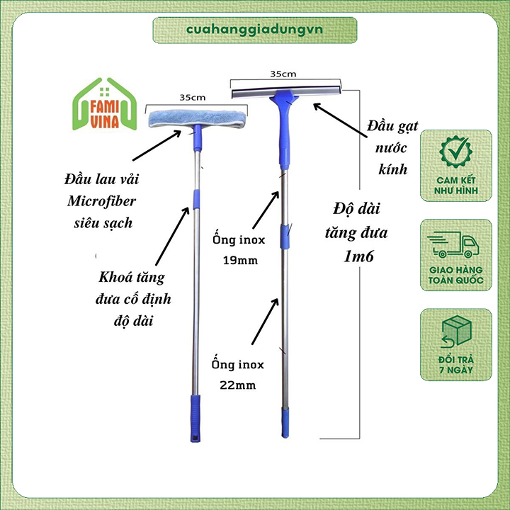 Bộ cây lau kính đa năng tiện dụng 3-1 gồm cây lau inox cán dài 1m6 đầu lau kính siêu sạch-đầu gạt nước kiếng & móc treo đồ