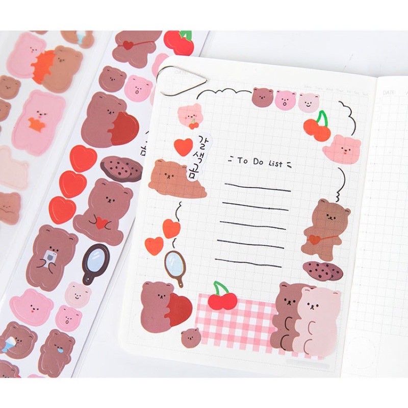 Set 2 dây sticker in hình gấu / mặt cười / tháng tuần ngày - dải sticker dễ thương