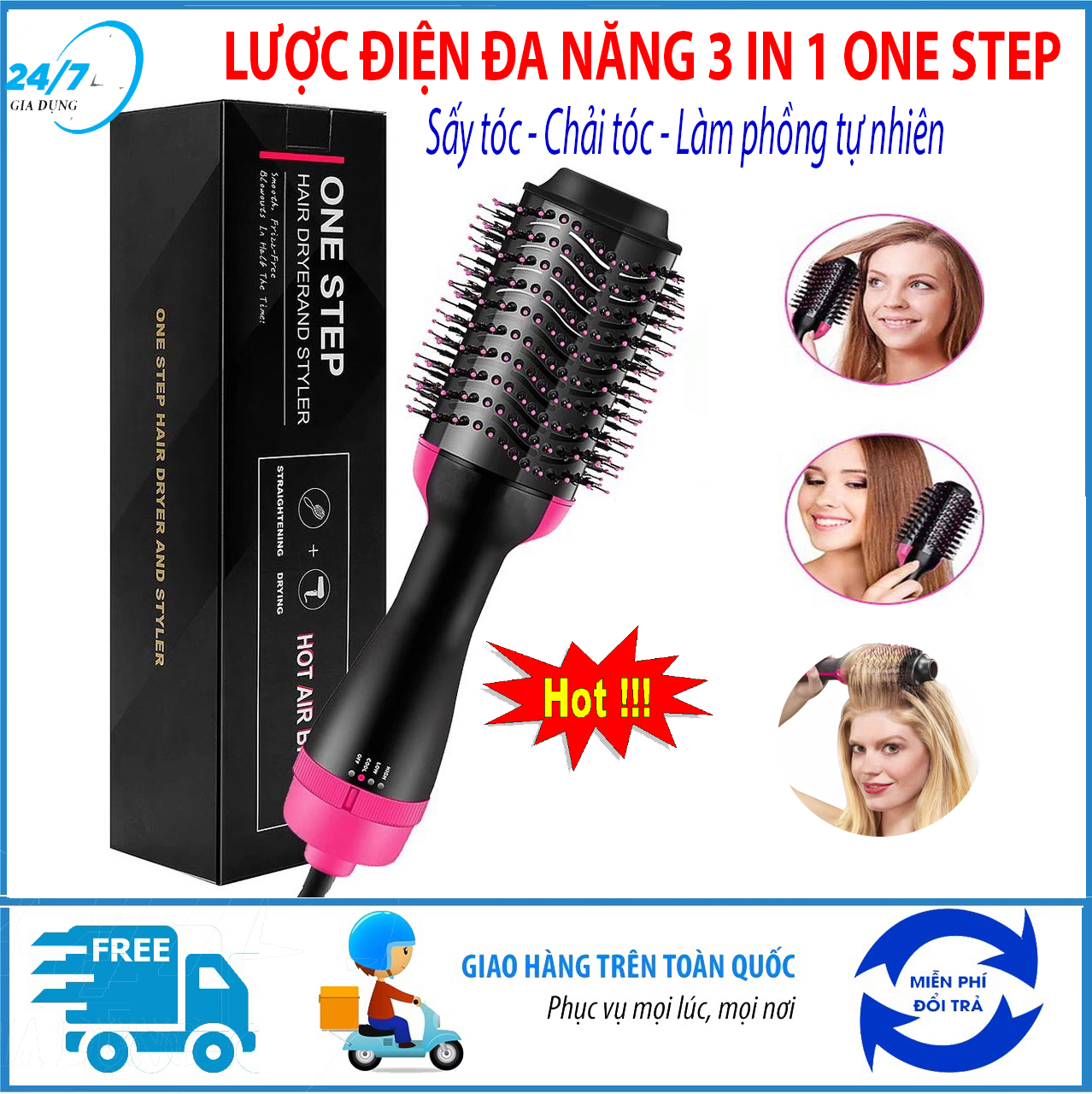 Máy Làm Tóc, Máy Sấy Tóc Đa Năng 3 Trong 1 One Step, Lược Điện Chải Tóc Làm Cong, Máy Tạo Kiểu Tóc Làm Phồng Đa Năng - Giadungbv247