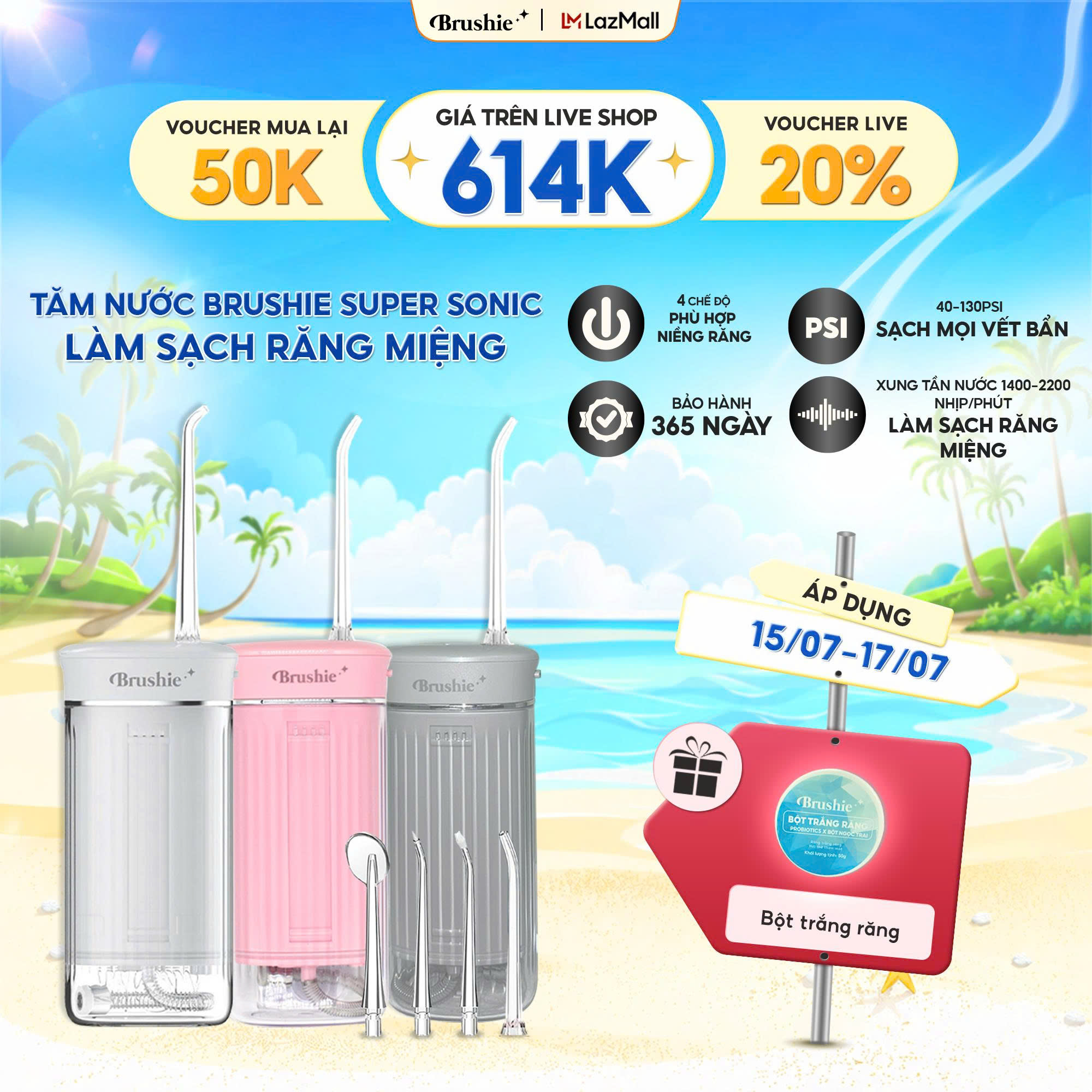[GIÁ 557K TẠI TRANG XU] Tăm nước cầm tay Brushie Super Sonic máy tăm nước du lịch gấp gọn phiên bản cải tiến mới phù hợp cho răng nướu nhạy cảm - Hàng chính hãng