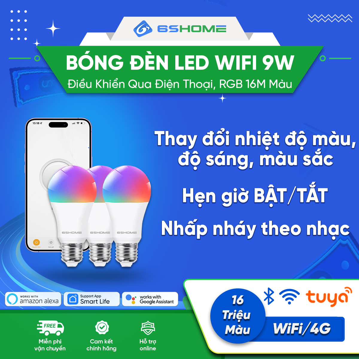 Bóng Đèn LED Wifi Thông Minh 6SHOME 9W Đổi Màu, Hẹn Giờ Bật Tắt Từ Xa, Điều Khiển Qua Điện Thoại, RBG 16 Triệu Màu