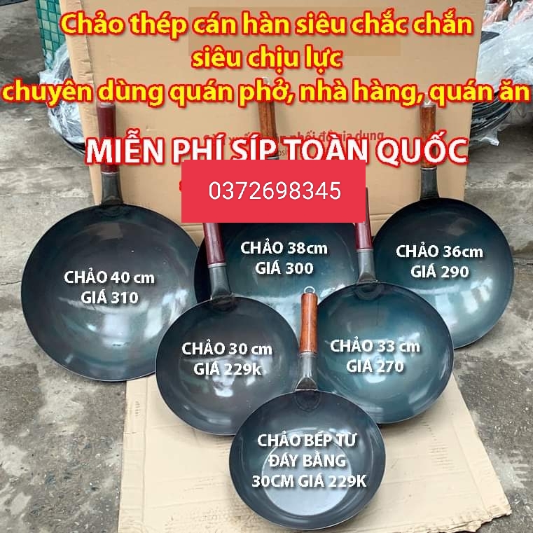 Chảo thép các bon chống dính, cán gỗ, đủ các side