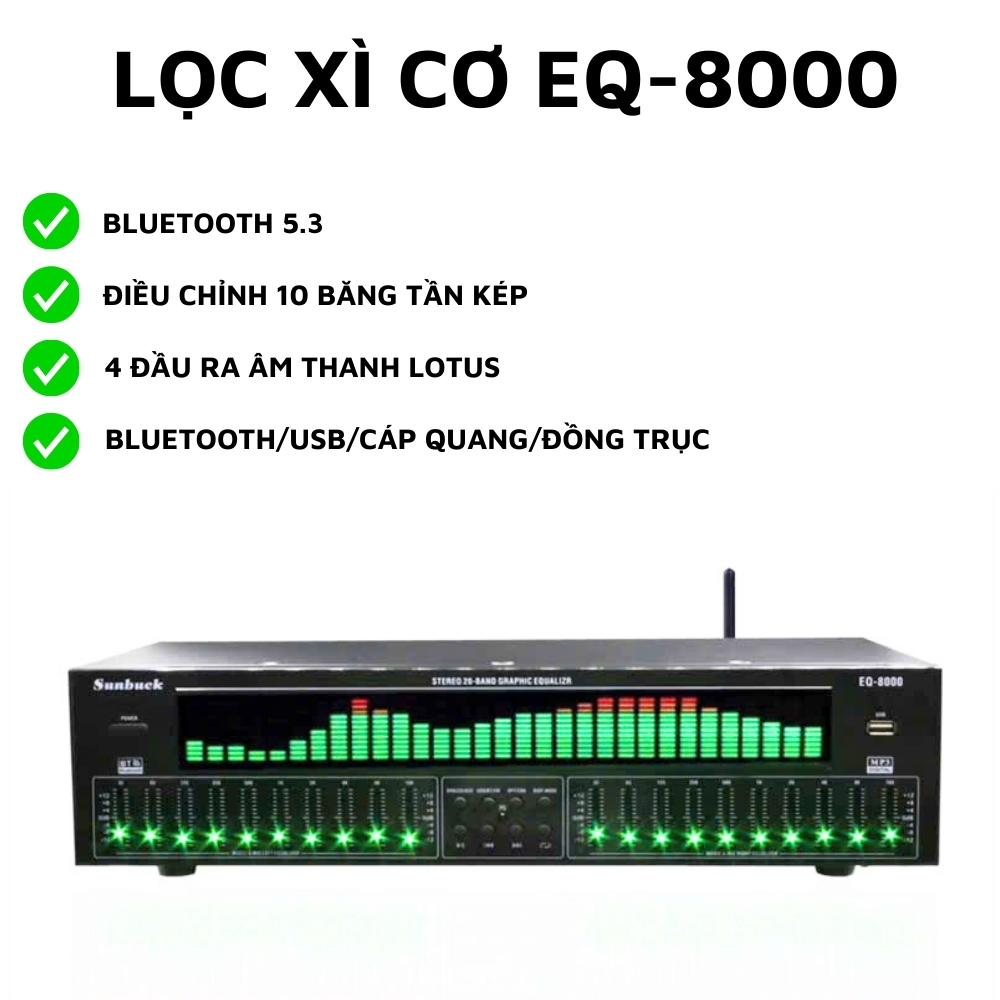 Lọc Xì Equalizer Sunbuck EQ-8000, Lọc Xì Âm Thanh 2 Kênh chất lượng cao, chống hú rít, đèn nháy led nhiều kiểu
