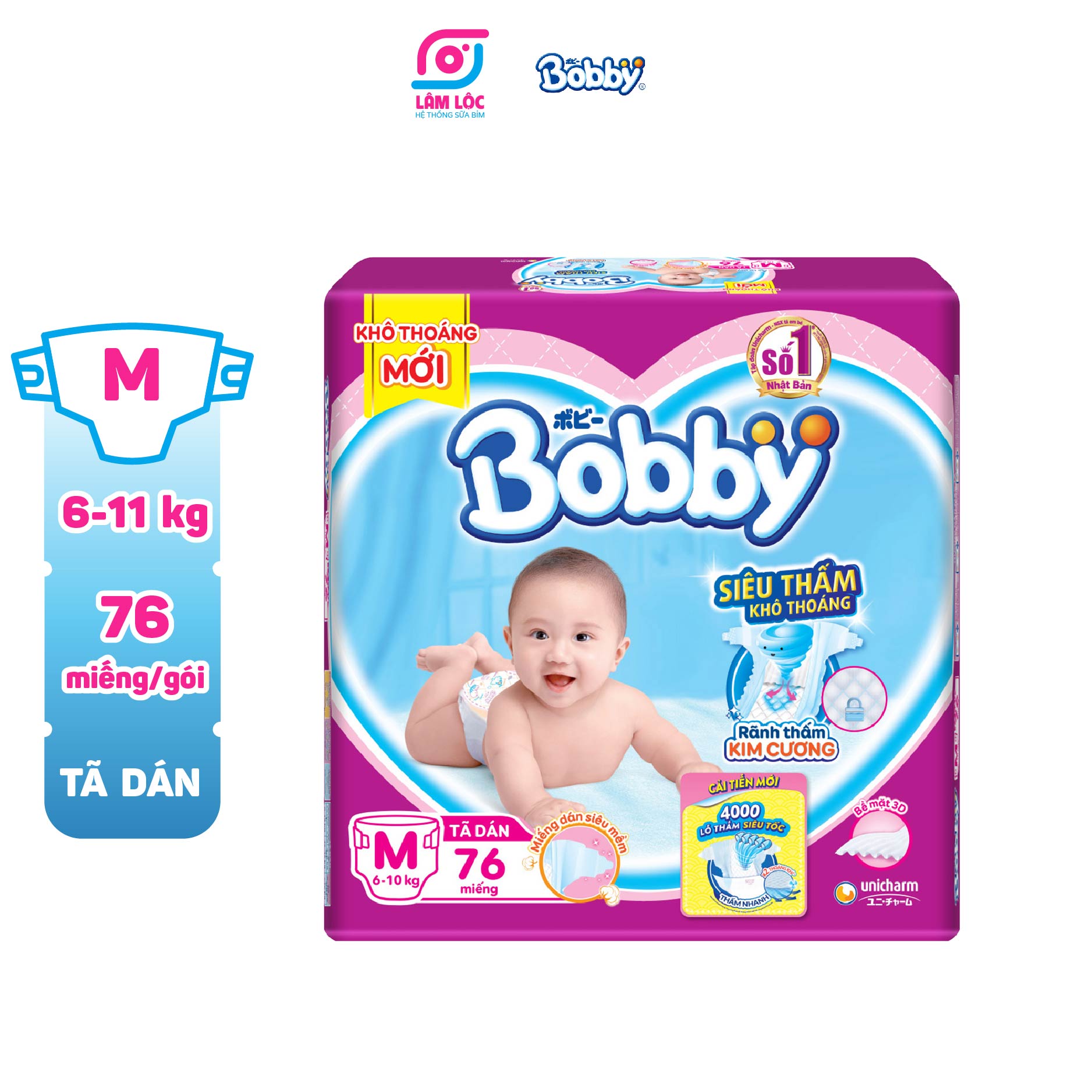 Bỉm dán Bobby, tã dán Bobby size M 76 miếng dành cho bé từ 6-11kg ( hỗ trợ phí ship, đánh giá 5 sao để nhận voucher 5k )