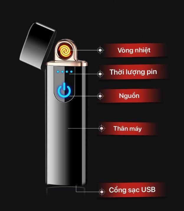 [HCM]Bật lửa hột quẹt cảm ứng cảm biến dấu vân tay 2 đầu lửa kèm cổng sạc usb tiện dụng