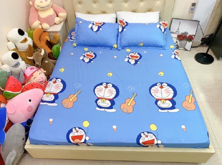 Bộ Ga Gối Cotton ( tặng kèm áo gối ôm ) Mẫu Doremon Đàn
