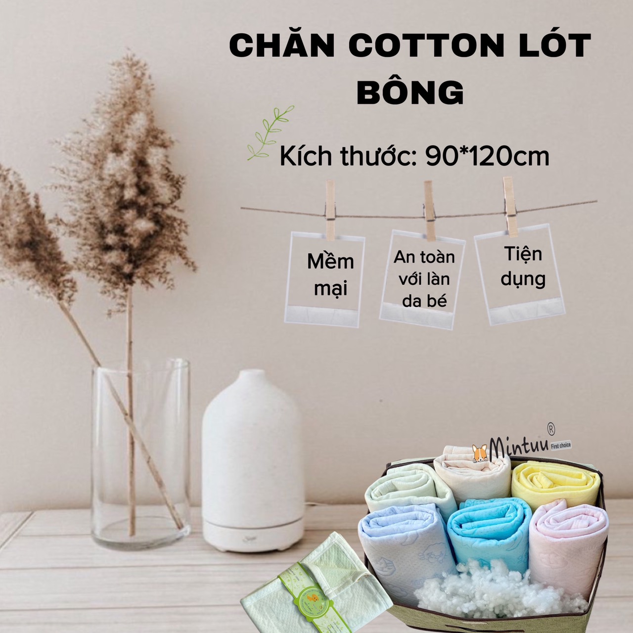 Chăn cho bé, mền cho bé thương hiệu MINTUU, chất liệu cotton trần bông, kích thước 90*120 cm - Ana's kids