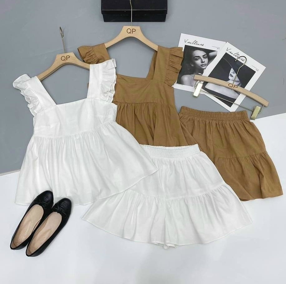 Set áo babydoll cánh tiên kèm quần short vải đũi có bán rời