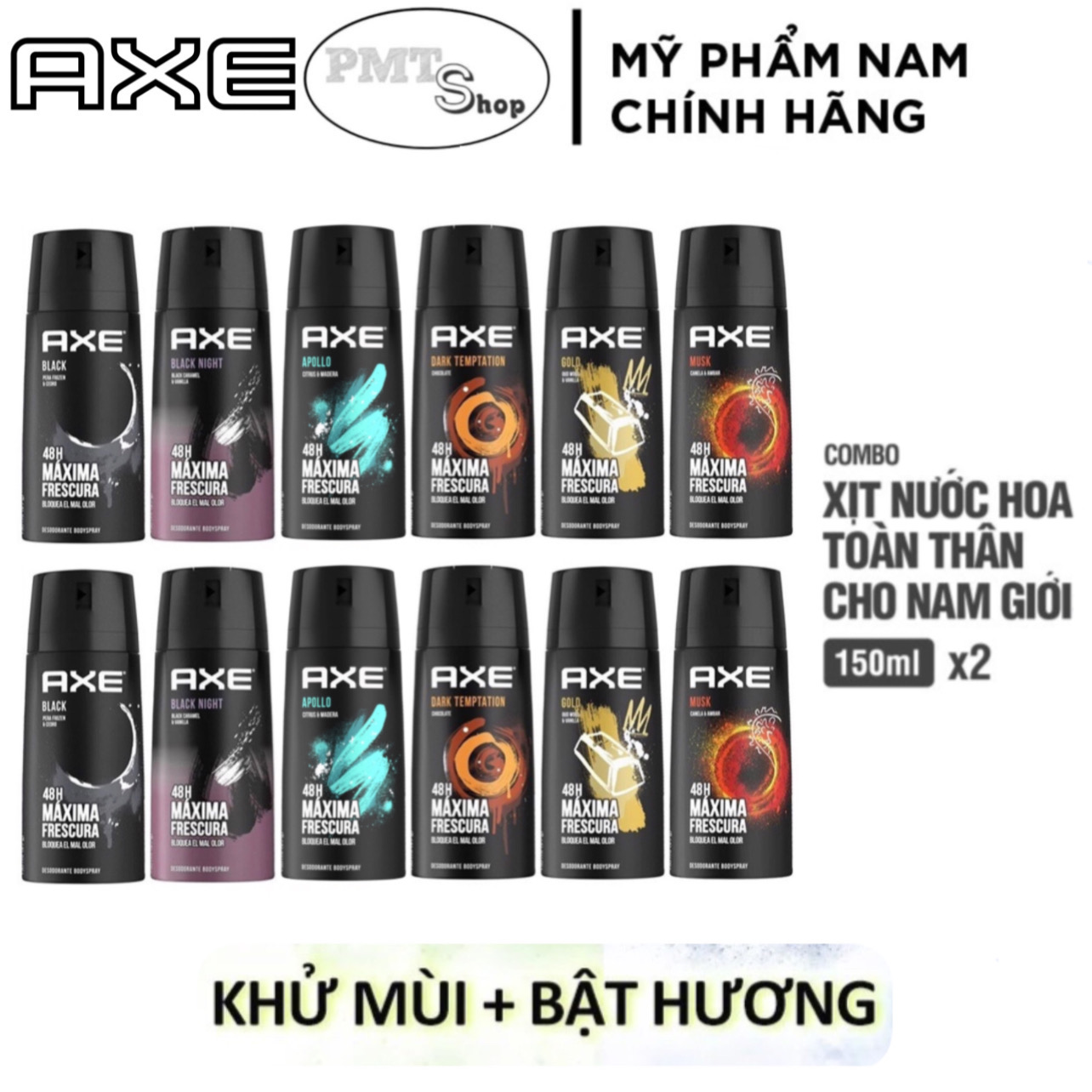 Combo 2 Xịt khử mùi toàn thân nam AXE 150ml x 2 chai hương nước hoa Black