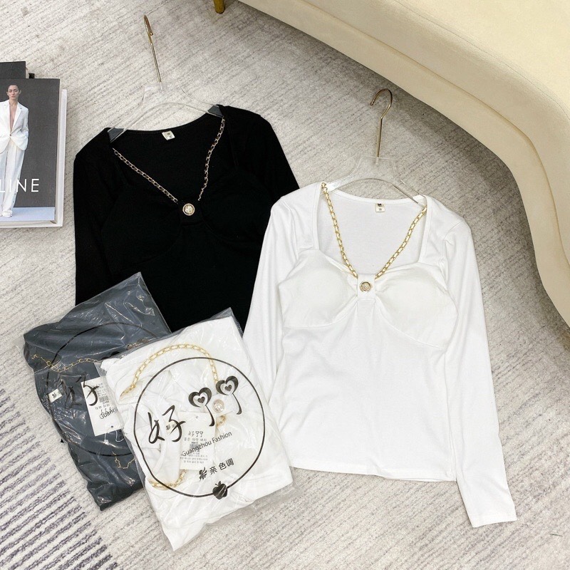 Áo croptop nữ tay dài phối xích có mút ngực Áo croptop nơ ngực kèm dây xích A791