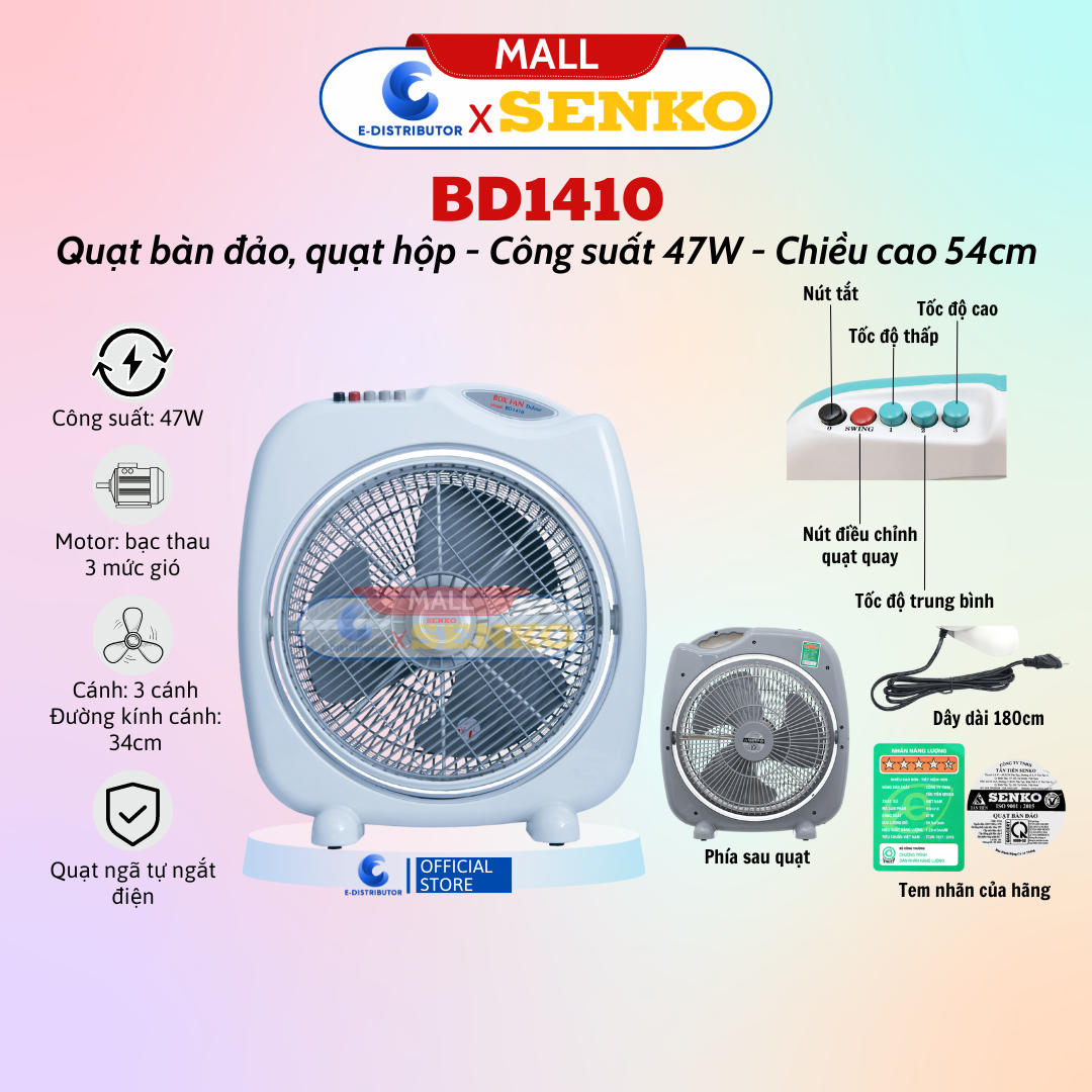 Quạt Bàn Đảo 4 Tấc Chuyển Hướng Điện Cao Cấp Senko BD1410 - Chiều Cao 57cm - Công Suất 47w - Hàng Chính Hãng - Bảo Hành 24 Tháng