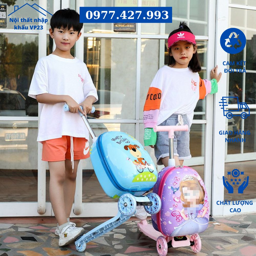 [TẶNG XE TRƯỢT] Vali Kéo Du lịch Cho Bé, Vali trẻ em xe trượt  SCOOTER Cao Cấp 2 Mặt cute, Balo kéo đi học đẹp, Cặp sách giá rẻ, Túi Xách Trẻ Em Hoạt Hình cho cả bé trai và bé gái