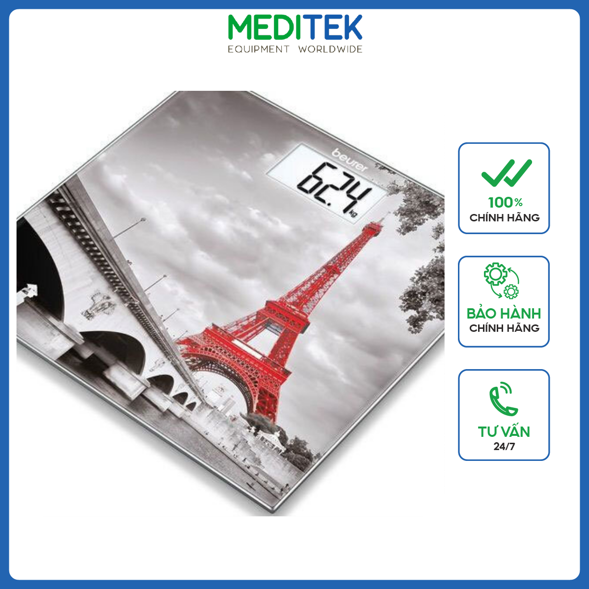 Cân điện tử mặt kính , Beurer GS203 Paris, hiệu ứng tháp Eiffel trang nhã, Bảo hành 24 tháng