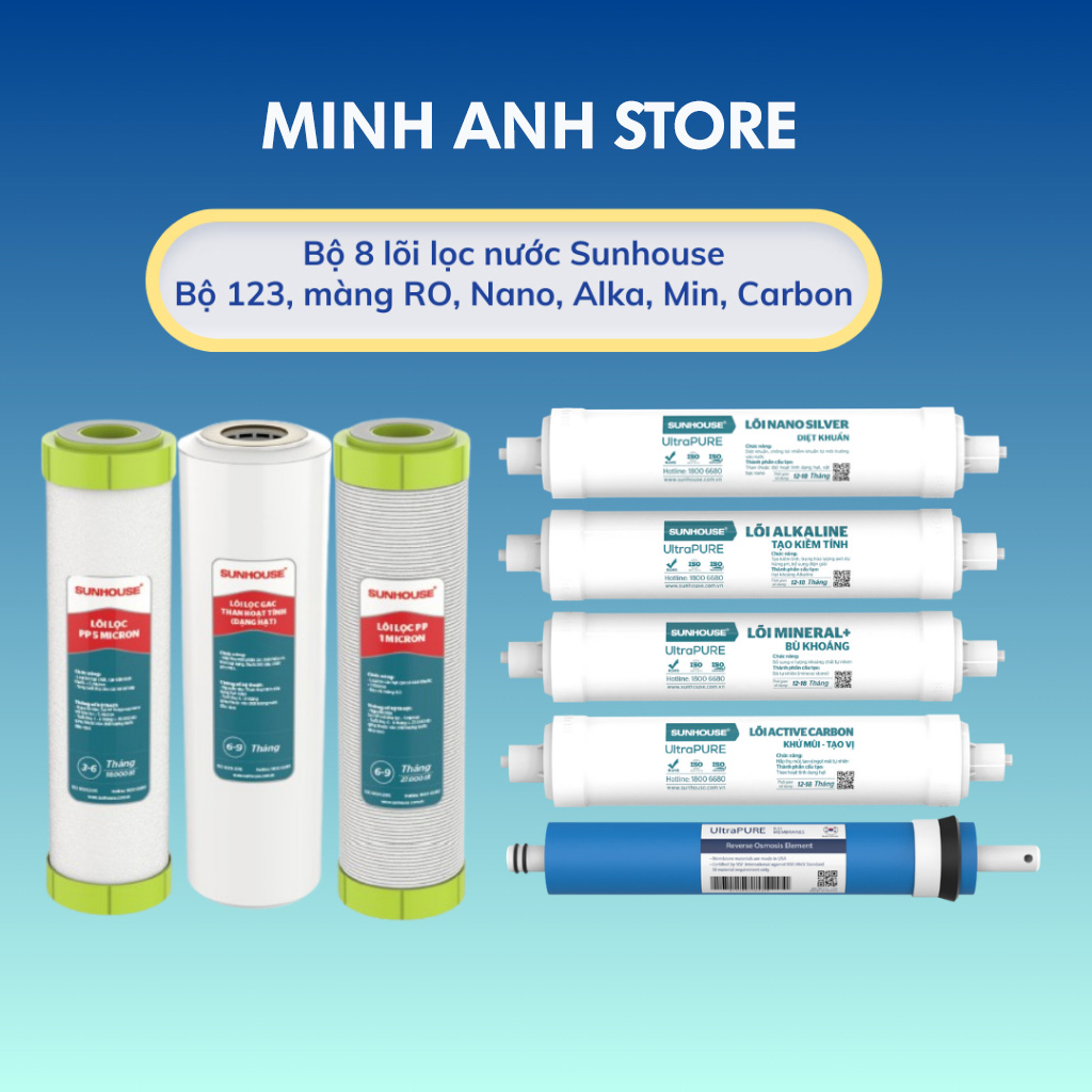 Bộ 8 lõi lọc nước Sunhouse chính hãng dùng cho máy lọc nước Sunhouse 8 cấp (123, RO, Nano, Alkaline, Mineral, Active)
