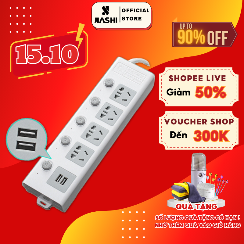Ổ cắm điện đa năng thông minh JIASHI 2 cổng USB 5v sạc nhanh, ổ chịu tải 2500W, tiết kiệm 30 kilowatt giờ dây nối 2,5m OCD01 - Bảo hành 6 tháng