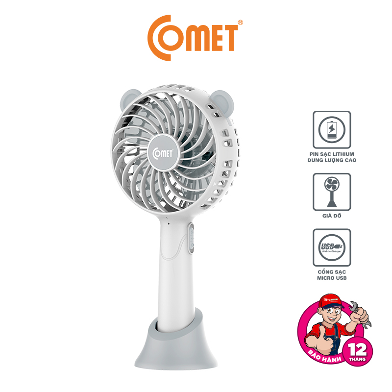 Quạt sạc Cầm Tay mini Comet CRF0804 có 2 màu xám và xanh Cổng sạc bằng đầu USB tiện dụng pin Lithium 2 cấp độ gió