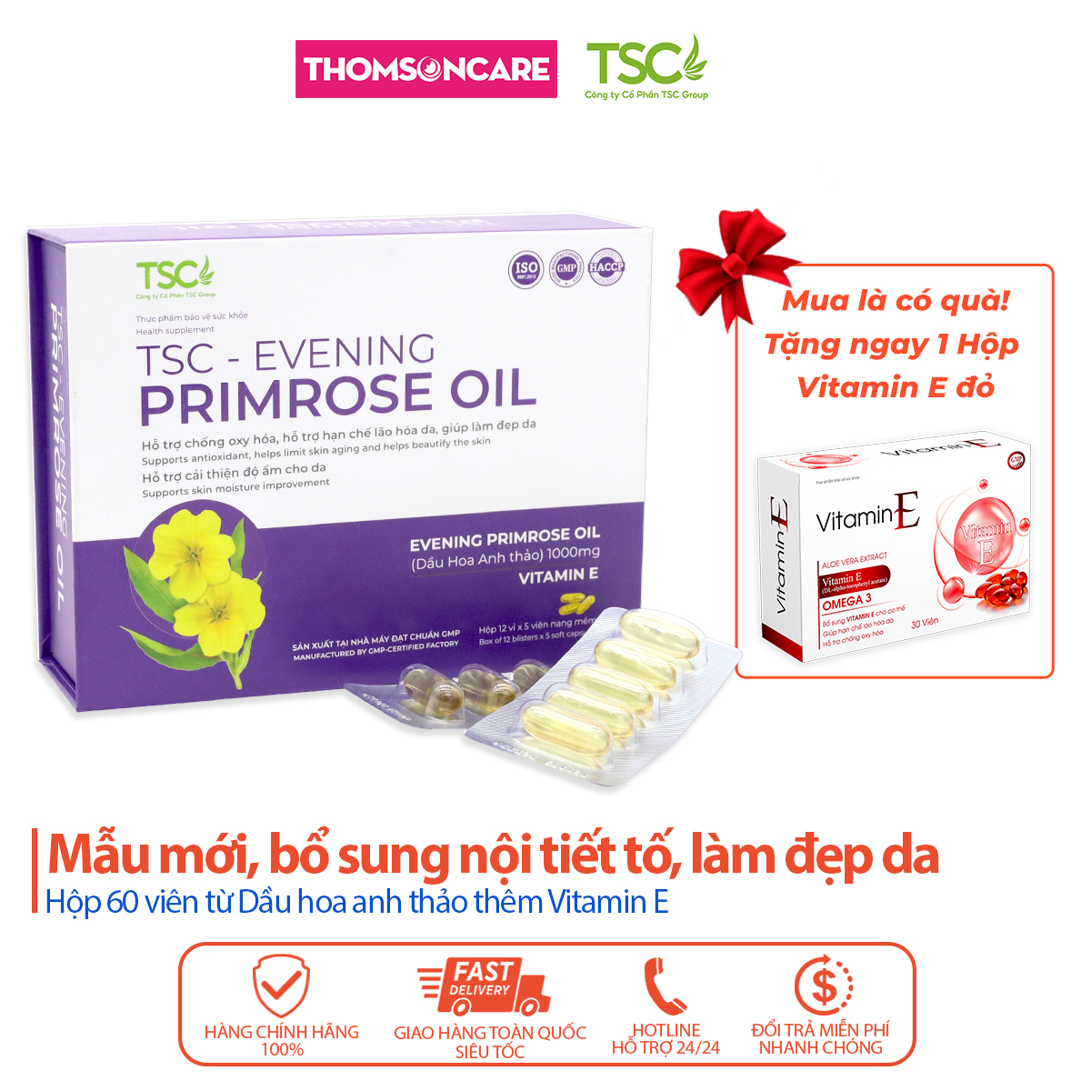 Viên uống tinh dầu hoa anh thảo bổ sung nội tiết tố, Evening Primrose Oil TSC làm đẹp da, cấp ẩm - Hộp 60v Thomsoncare