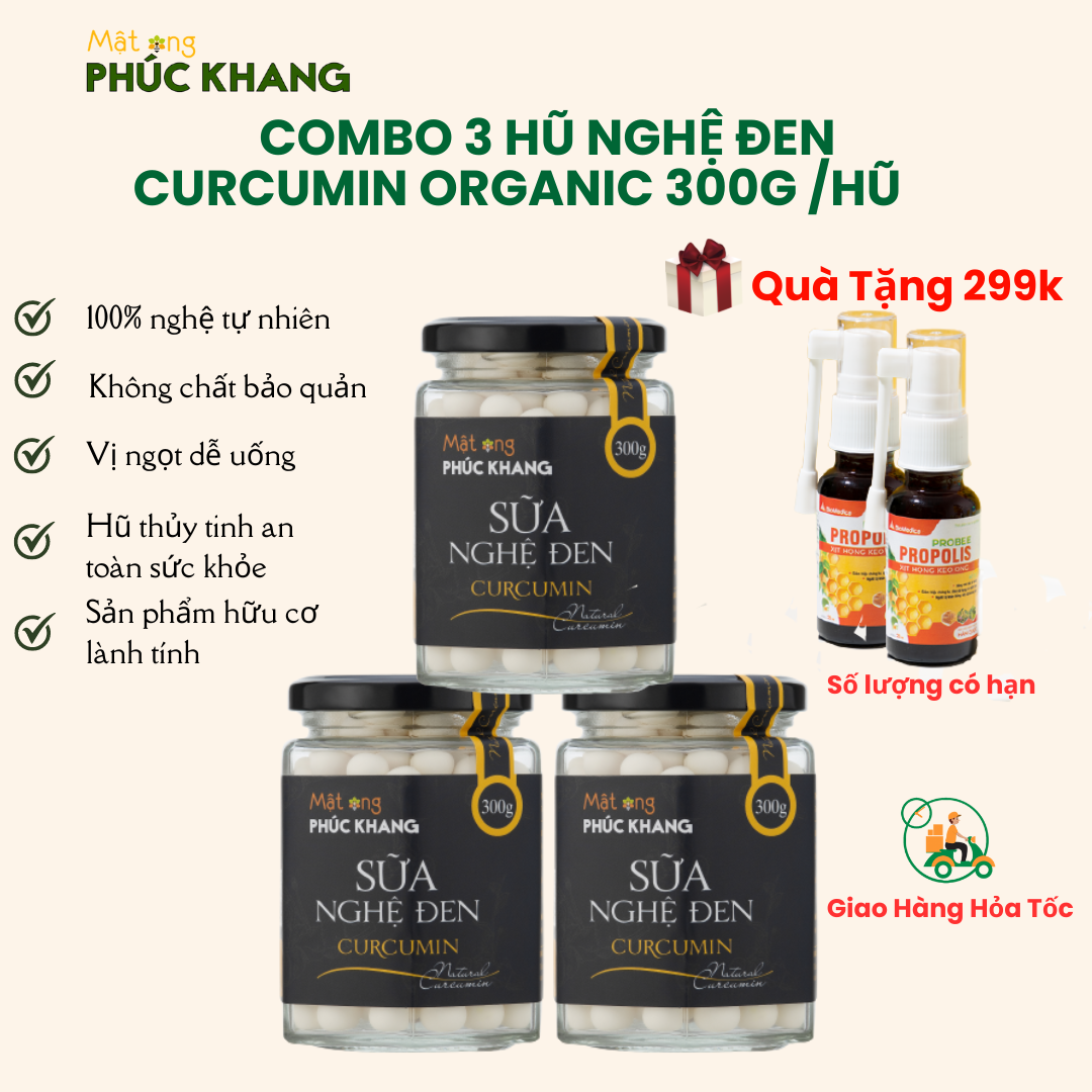 Combo 3 hộp Viên Nghệ Đen Mật Ong Phúc Khang - Mỗi hũ thủy tinh 300g - Tặng 1 hộp hà thủ ô mật ong - giảm đau dạ dày - Ngăn ngừa loãng xương - Bảo vệ dạ dày , chống oxy hóa , làm đẹp da