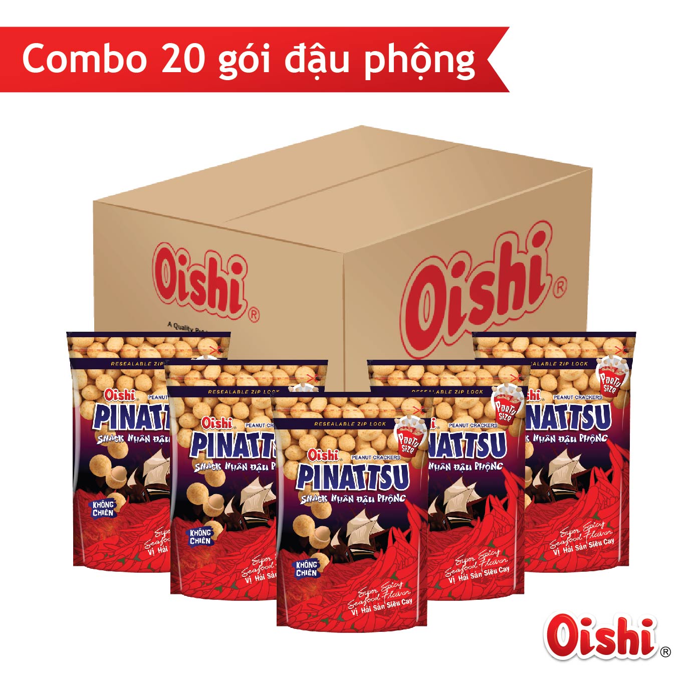 Combo 20 gói Oishi Snack Nhân Đậu Phộng Vị Hải Sản Siêu Cay Pinattsu (85g/gói)