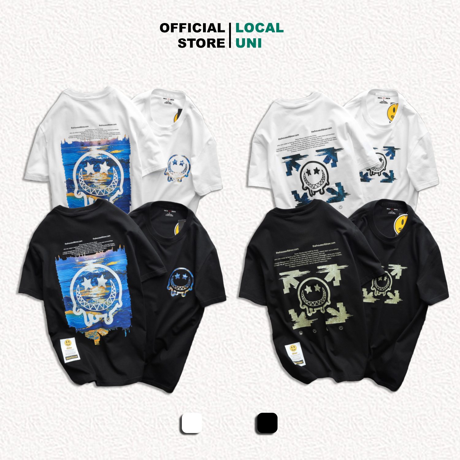 Áo thun unisex form rộng in hình drew the house, thun cotton 4 chiều co giãn, áo thun basic localuni - unidrew 4