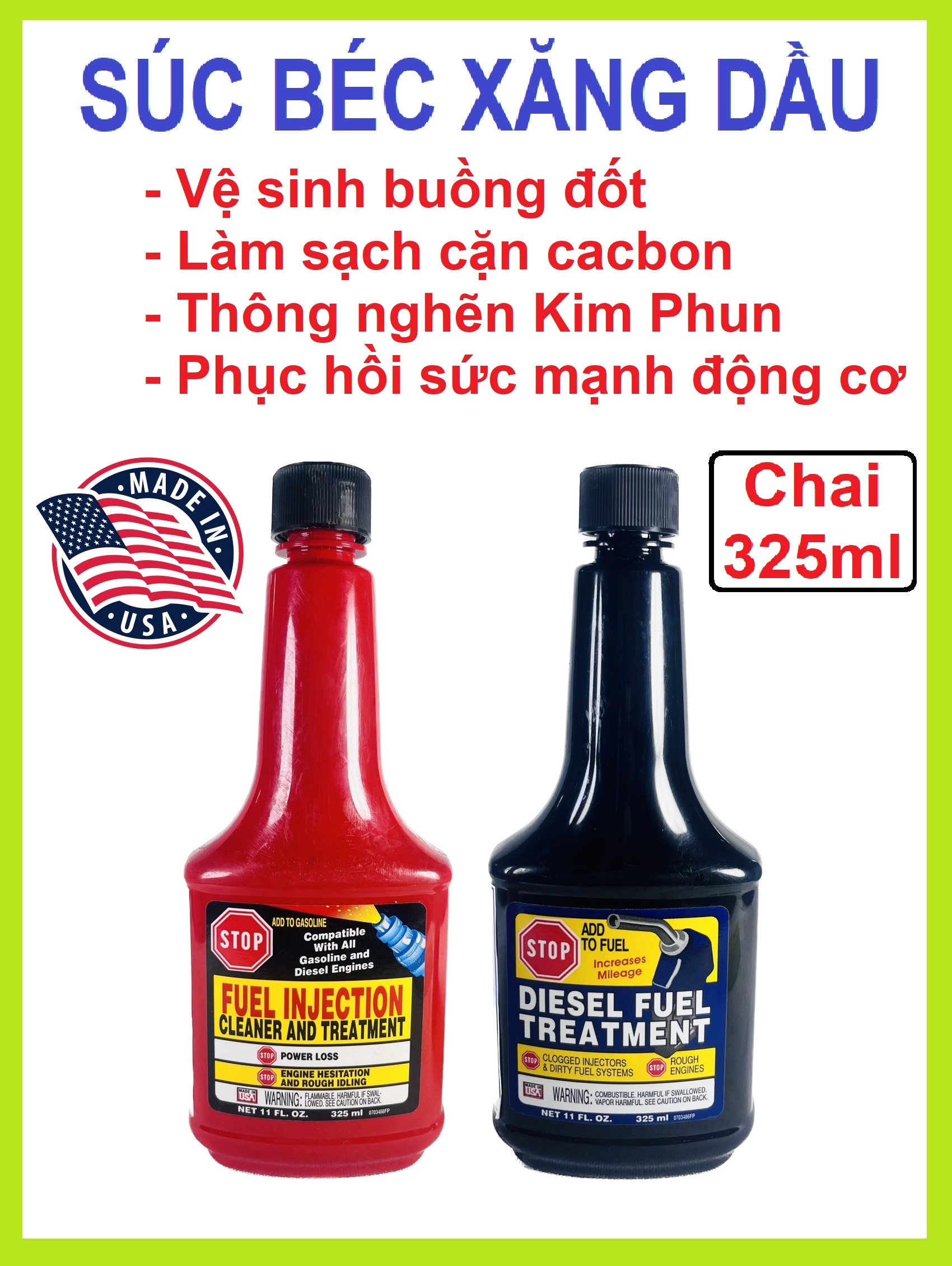 Dung dịch làm sạch buồng đốt STOP 325ml, thông nghẽn kim phun béc, súc bình xăng con, tẩy cặn cacbon động cơ xăng dầu