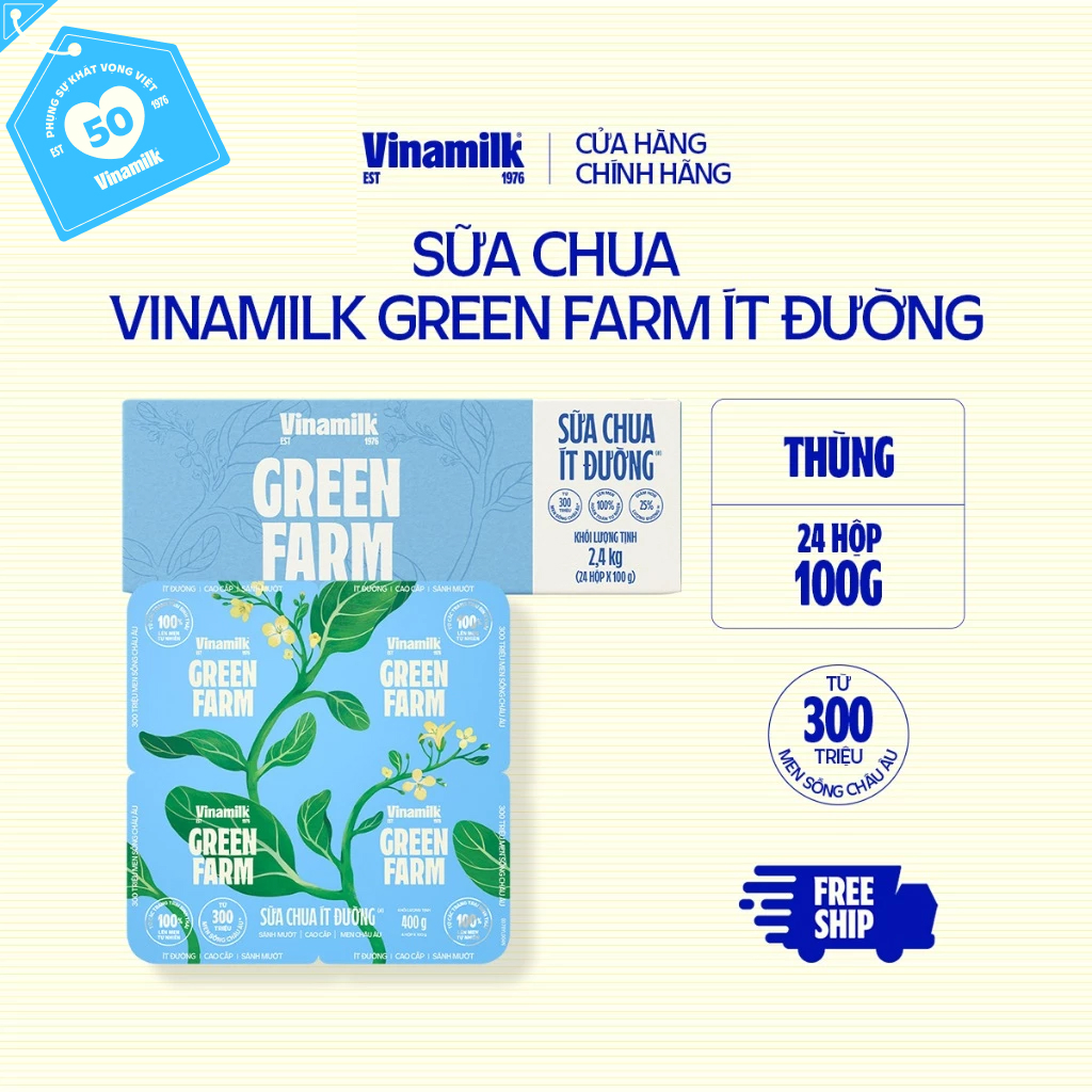 [CHỈ GIAO TRONG BÁN KÍNH 10KM] 2 Thùng Sữa chua ăn Vinamilk Love Yogurt Green Farm Ít Đường Hộp 100g 24 hộp/thùng