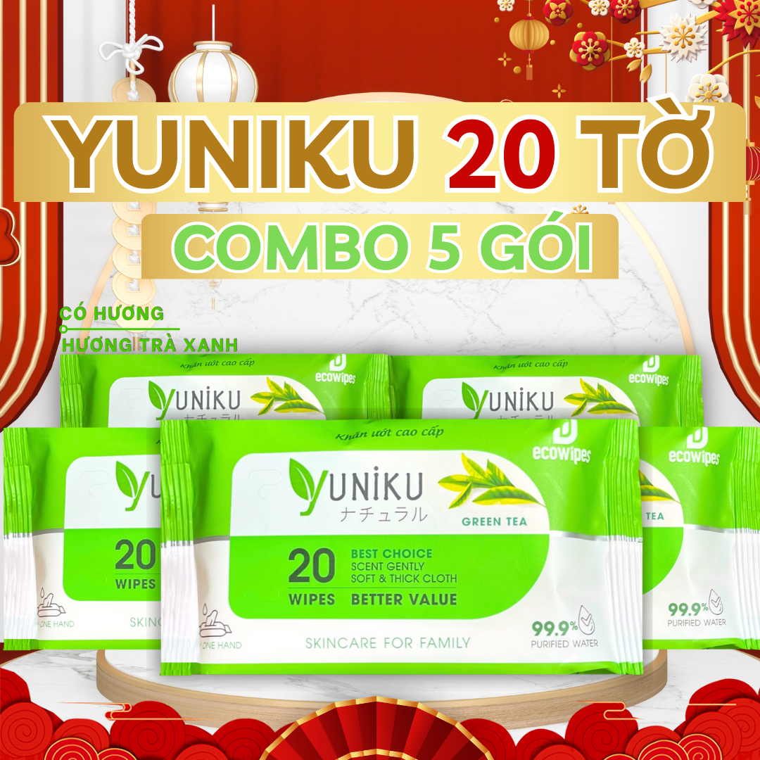 Combo 5 gói Khăn giấy ướt cao cấp 20 Tờ Hương Trà Xanh Yuniku