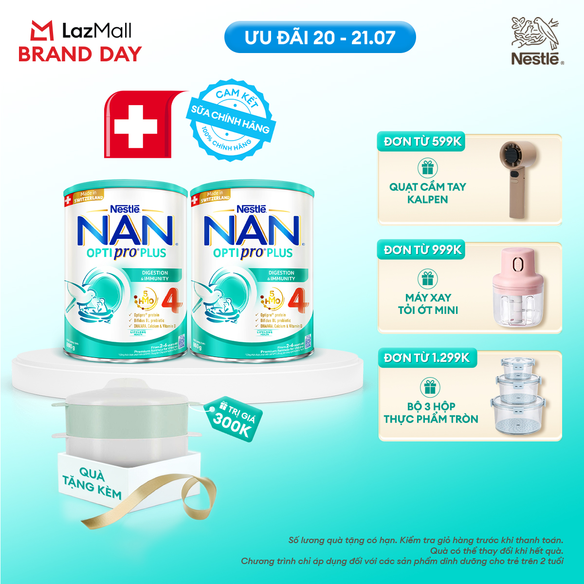 [CHỈ 20-21.07 QT ĐƠN 599K/999K/1299K][Tặng Xửng hấp] Bộ 2 Lon Sữa bột Nestlé NAN OPTIPRO PLUS 4 với 5HMO xuất xứ Thụy Sĩ  - Hộp 800g cho bé từ 2-6 tuổi - Sữa công thức dinh dưỡng cho trẻ giúp hỗ trợ tiêu hóa, đề kháng, trí não và phát triển toàn diện