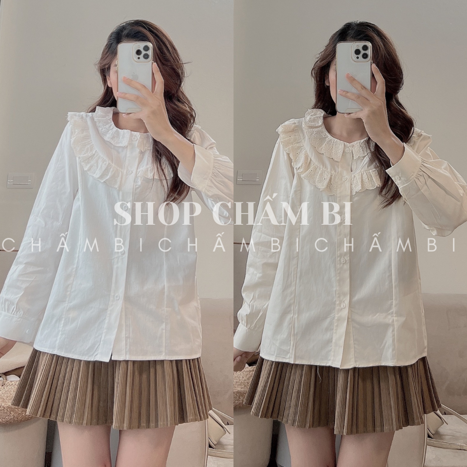Áo sơ mi nữ dài tay A.436, Áo sơ mi 2 hàng bèo vai tay bo bồng nhẹ phong cách bánh bèo nữ tính - Shop Chấm Bi