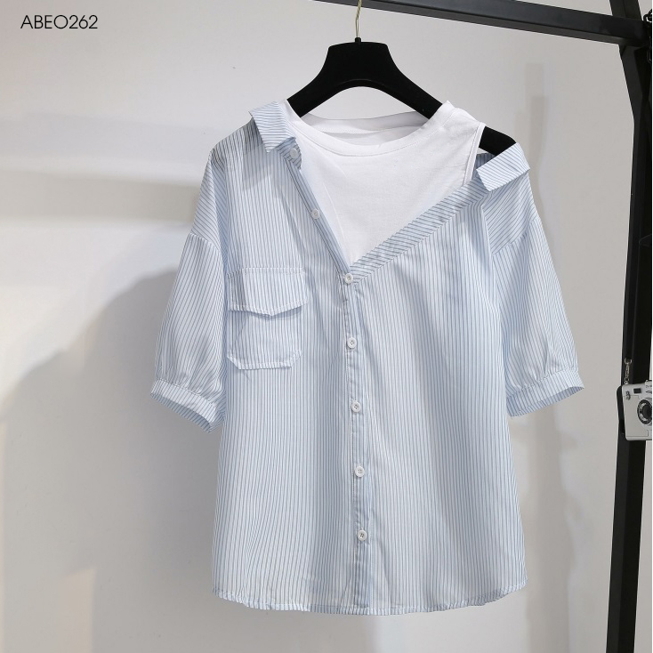 Áo cổ sơ mi lệch vai phối trắng bigsize abeo262