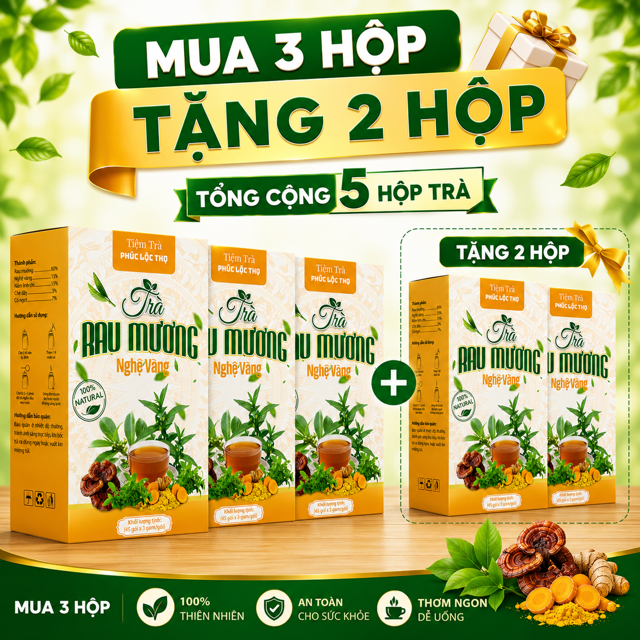 Trà Cây Rau Mương Nghệ Vàng ( Mua 3 Tặng 2 ) - Hỗ Trợ Các Vấn Đề Dạ Dày, Trào Ngược, HP, Ợ Hơi, Ợ Chua, Đại Tràng - Tốt Cho Ti.êu Hóa - 1 Hộp 45 Gói Tiện Lợi