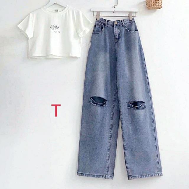 ◎ [Mã FAMARAL1 giảm 10K đơn 50K] Sét crt thiên thần quần bò rách ống rộng TTM868