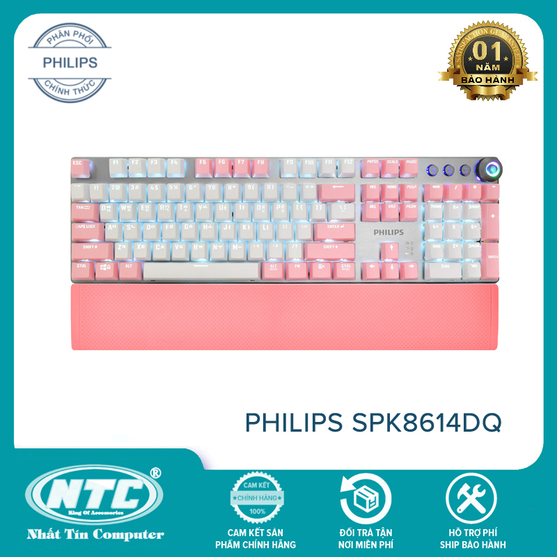 Bàn phím cơ Blue Switch PHILIPS SPK8614DQ siêu kute - kèm đế kê tay (Trắng hồng) HÃNG PHÂN PHỐI CHÍNH THỨC - Nhất Tín Computer