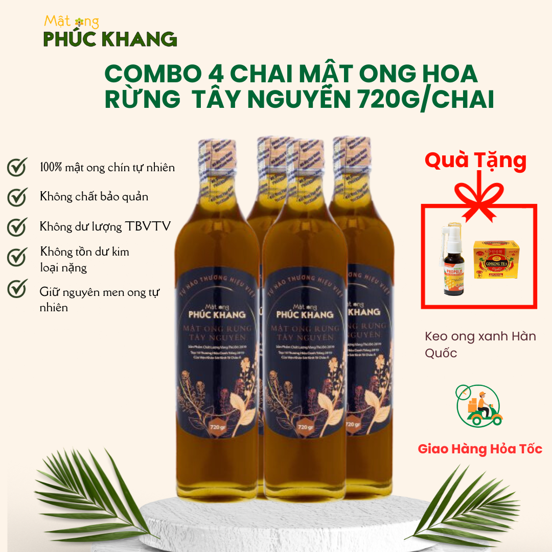 Combo 4 Chai Mật Ong Rừng Tây Nguyên Phúc Khang (Mỗi chai 720g) mật ong rừng nguyên chất- đạt chuẩn xuất khẩu - không nhiễm hóa chất , kháng sinh , kim loại nặng , Chất bảo vệ thực vật