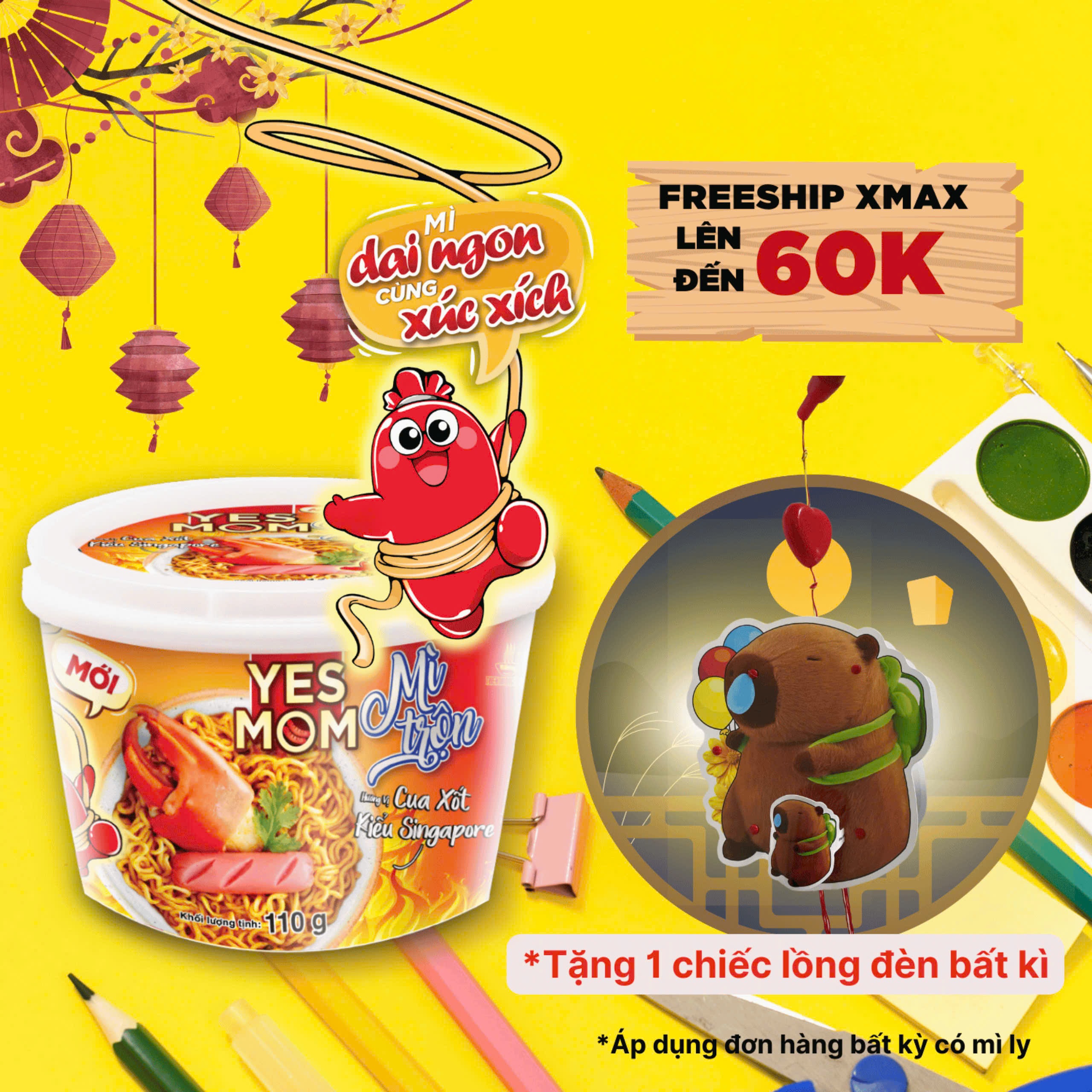 Thùng 12 tô Mì Tô Trộn Cua Xốt Kiểu SGP Yes Mom 110gr/ Tô