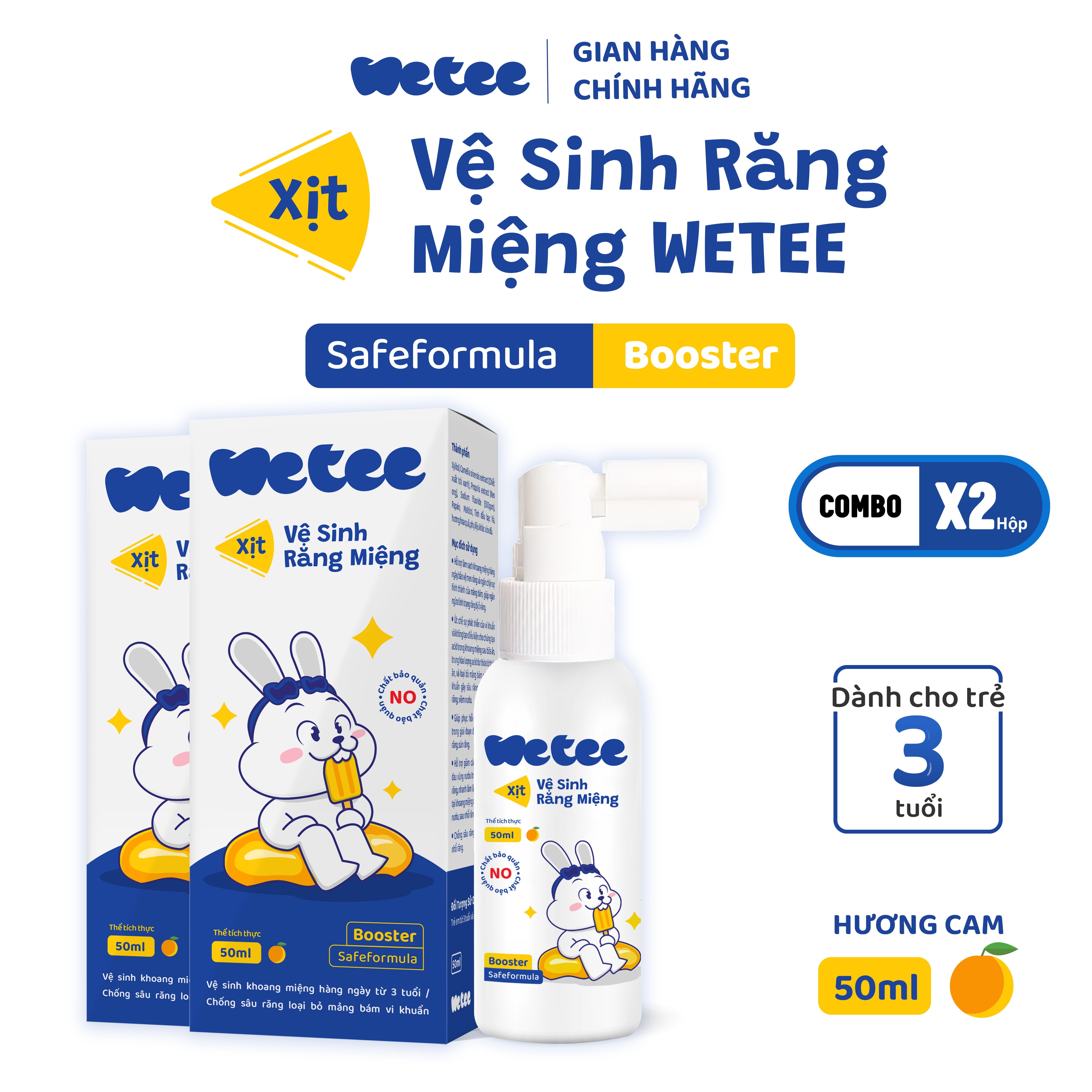 Xịt wetee vệ sinh răng miệng cho bé từ 3 tuổi trở lên, hương cam, vị ngọt, hỗ trợ làm sạch khoang miệng, hỗ trợ chống sâu răng, hỗ trợ loại bỏ mảng bám trên răng của trẻ