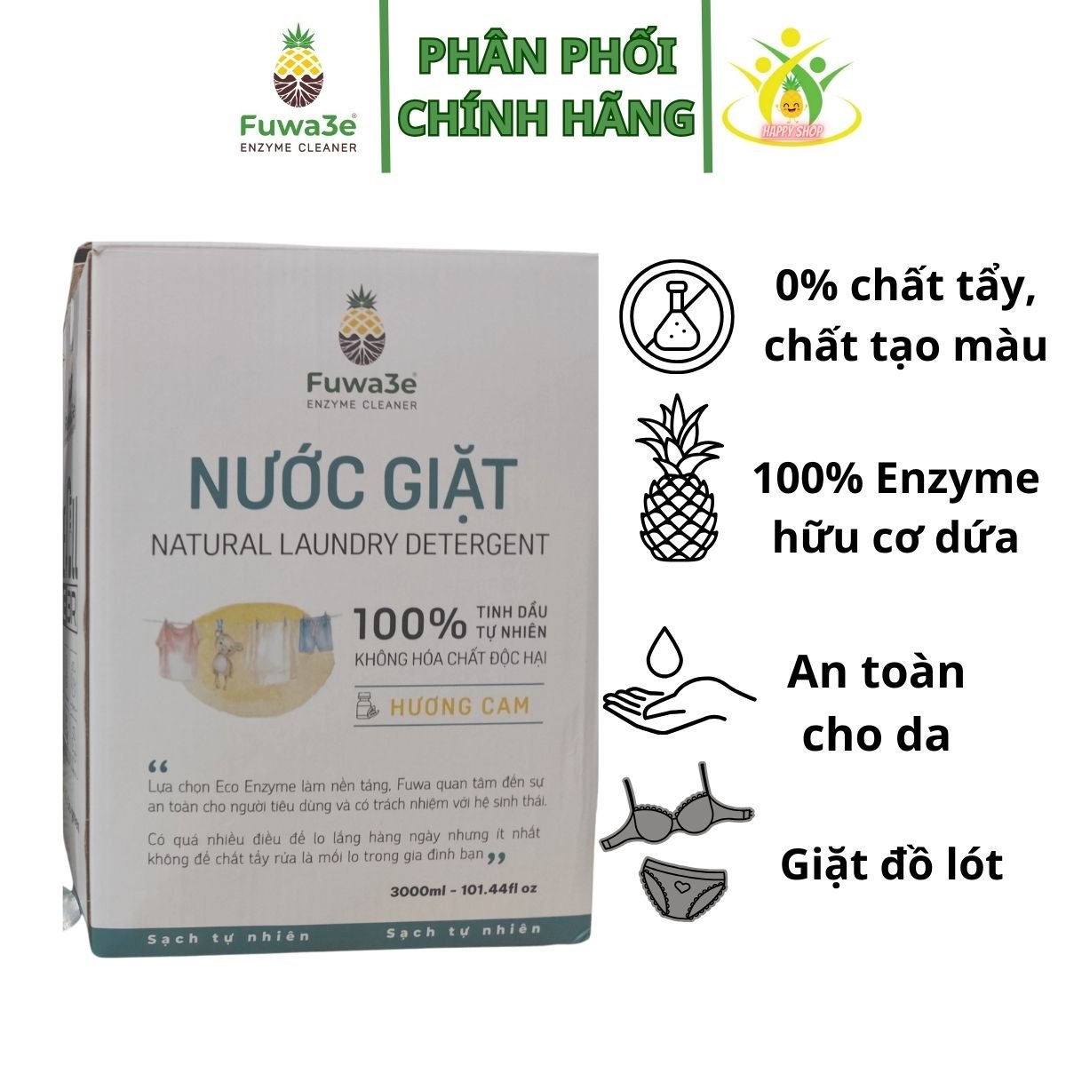 Nước giặt Fuwa3e hương cam 3L, nước giặt hữu cơ an toàn cho da nhạy cảm, nước giặt đồ em bé, nước giặt đồ lót - Fuwa3E official store