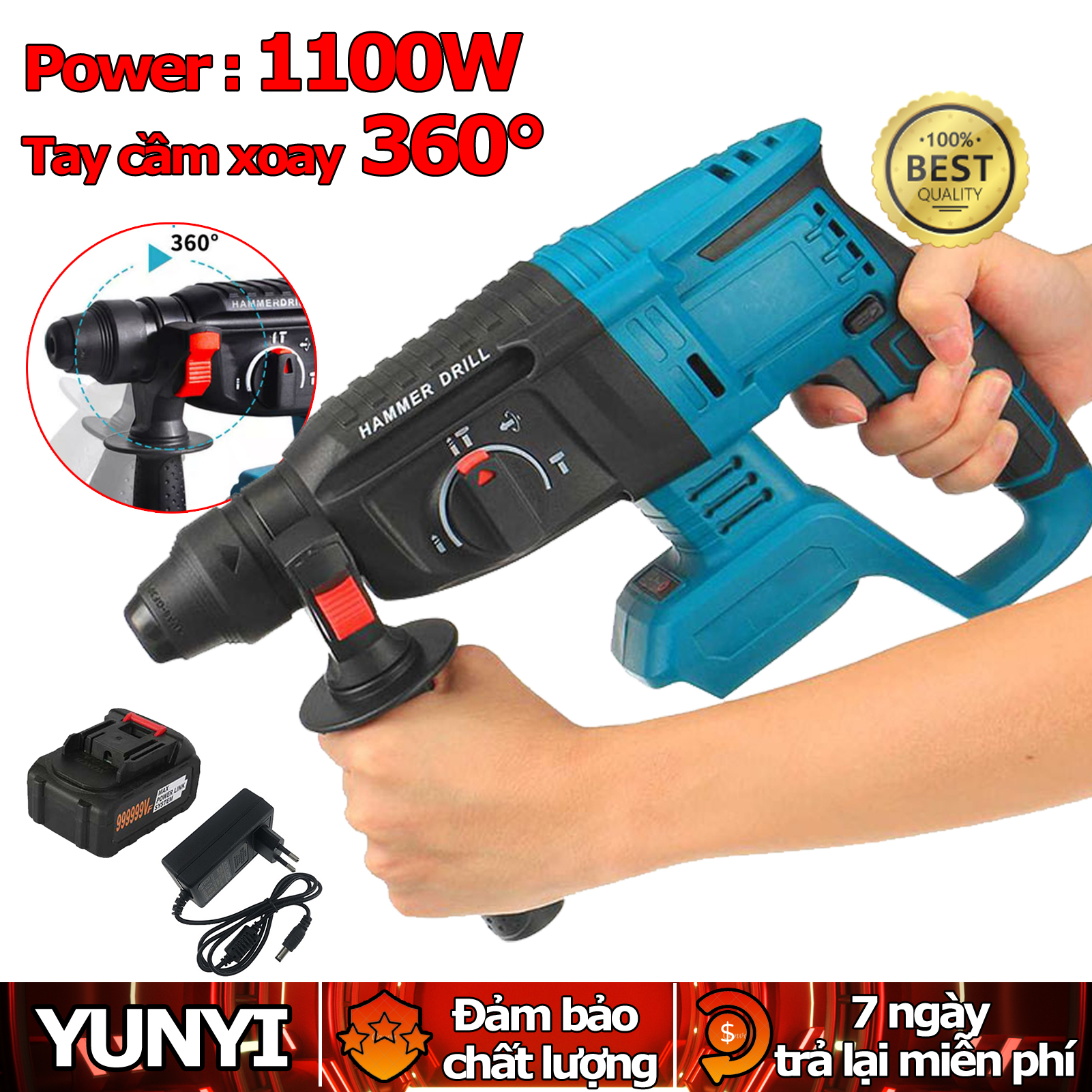 Máy khoan bê tông pin,máy khoan pin,máy khoan tường cầm tay,3 chế độ 1100w , động cơ không chổi than, lực đập mạnh