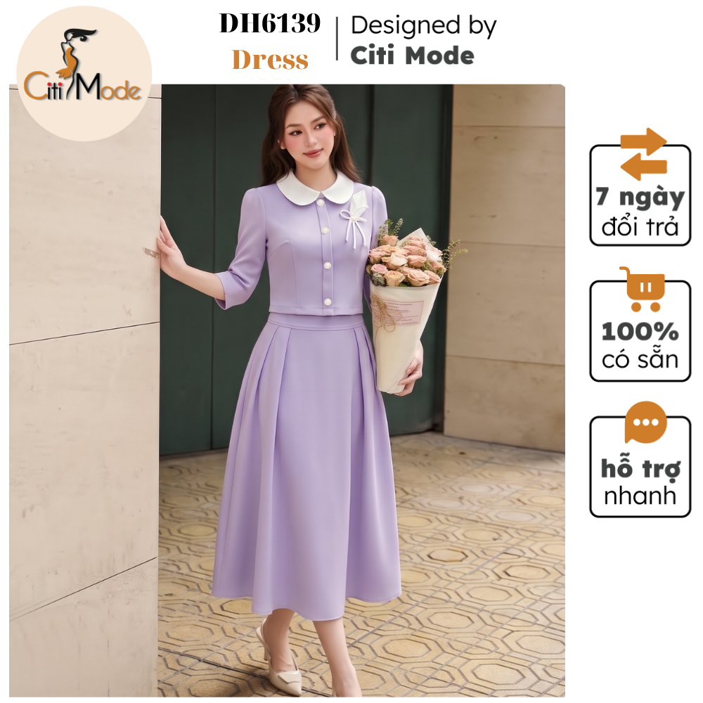 Citi Mode Fashion Office Dress Designed with Purple Faux Flared Dress and White Lotus Collar with Short Sleeves and Flower Embellishments on the Chest Dh6139
